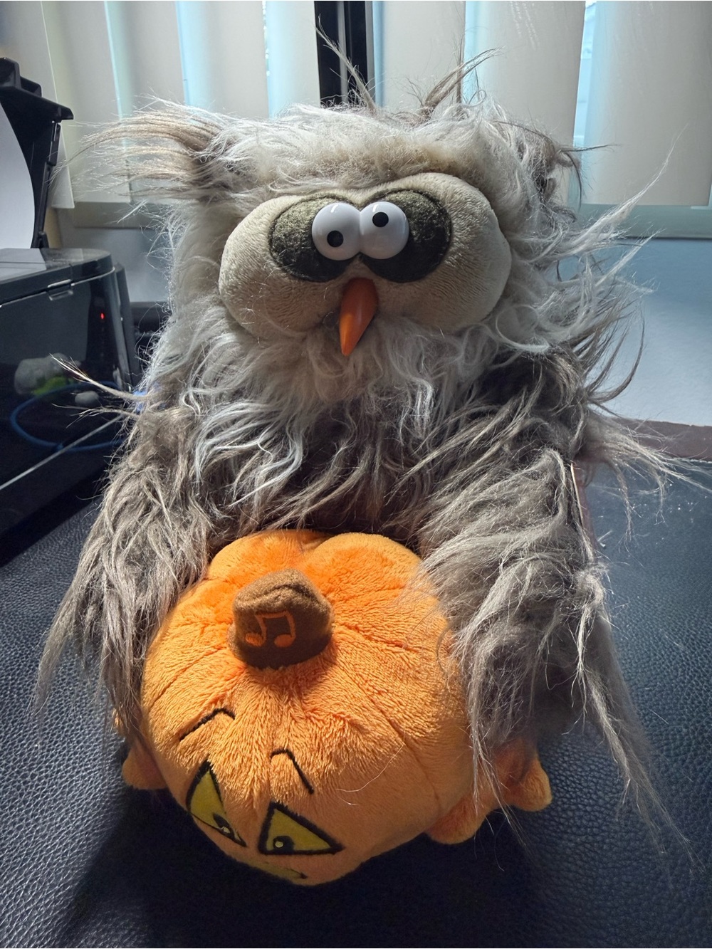Gund Fuzzy Owl Plush Holding Orange Pumpkin, can play music.